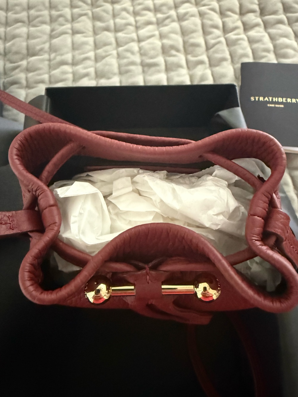 Strathberry Osette Pouch Large Grain Oxblood Leather Mini Drawstring Crossbody - Picture 4 of 5